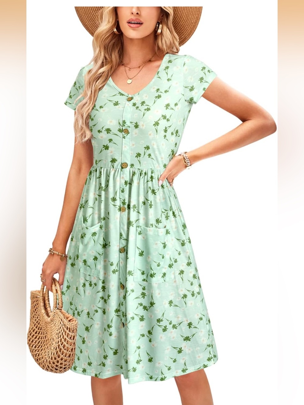 Mint Green Floral Midi Dress with Pockets XL